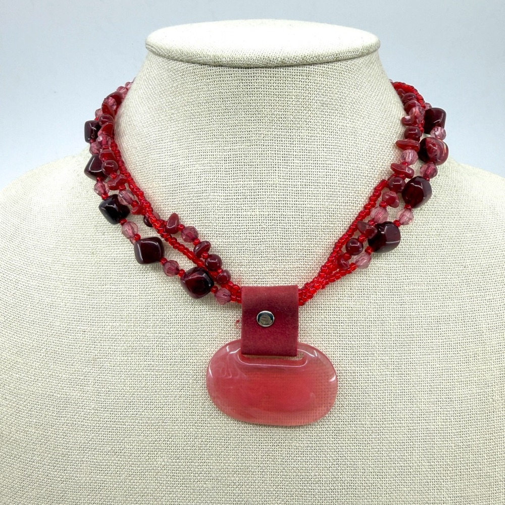 Bold Red Statement Necklace Multi Strand Beads Artisan Pendant Boho Style Chic